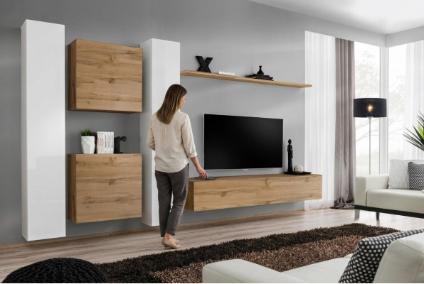 Mueble de salón de diseño en color marrón con estantería de pared completo completamente nuevo.