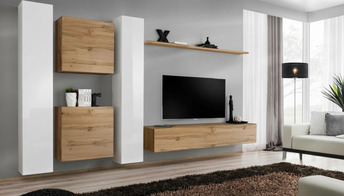 Mueble de salón de diseño en color marrón con estantería de pared completo completamente nuevo.