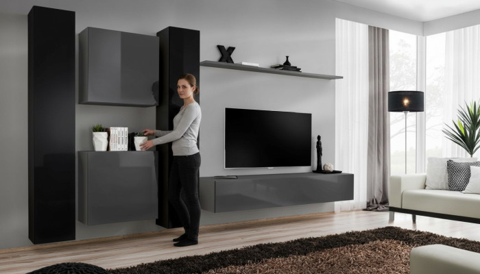 Diseño de pared gris para muebles de salón - 4 armarios de pared, estante de pared completo.