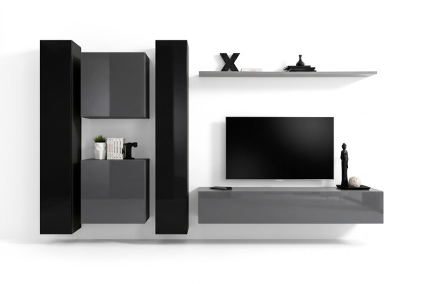 Diseño de pared gris para muebles de salón - 4 armarios de pared, estante de pared completo.