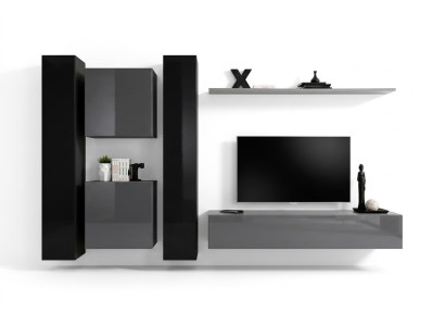 Diseño de pared gris para muebles de salón - 4 armarios de pared, estante de pared completo.
