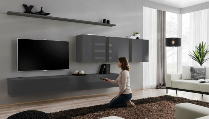 Mueble de salón gris moderno, soporte de TV diseñado, aparador, mueble de madera, armario, armario de pared