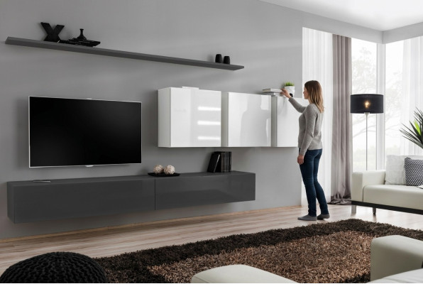Mueble de salón de madera gris, soporte de TV de diseñador, aparador de alto brillo, armario de pared.