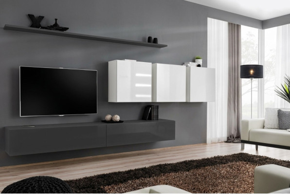 Mueble de salón de madera gris, soporte de TV de diseñador, aparador de alto brillo, armario de pared.