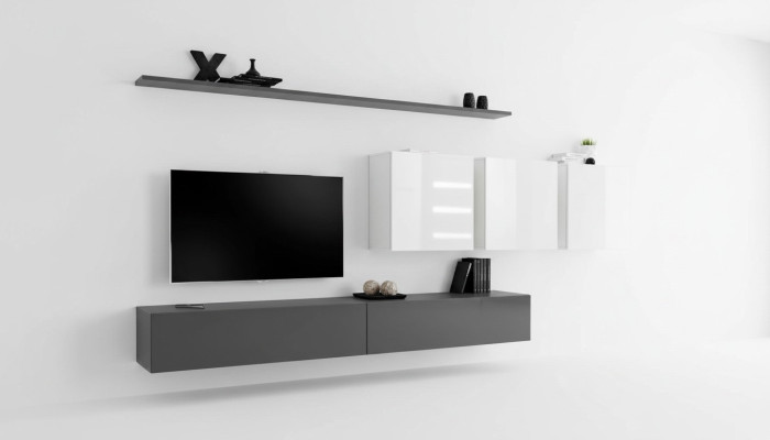 Mueble de salón de madera gris, soporte de TV de diseñador, aparador de alto brillo, armario de pared.