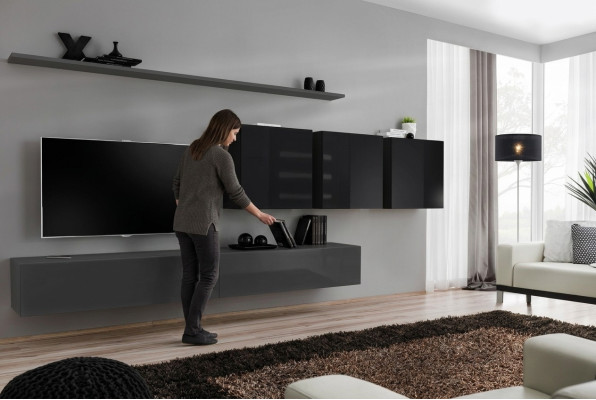 Mueble de salón gris completo de 7 piezas, muebles de madera diseñados, aparador, armario de pared, estante de pared.