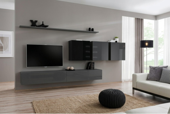 Mueble de salón gris completo de 7 piezas, muebles de madera diseñados, aparador, armario de pared, estante de pared.