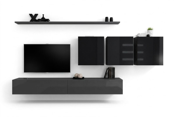 Mueble de salón gris completo de 7 piezas, muebles de madera diseñados, aparador, armario de pared, estante de pared.