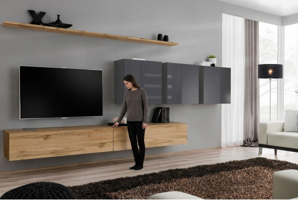 Mueble de salón marrón, armario de pared para sala de estar, estantería de pared, armario, muebles de diseño.