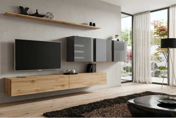 Mueble de salón marrón, armario de pared para sala de estar, estantería de pared, armario, muebles de diseño.