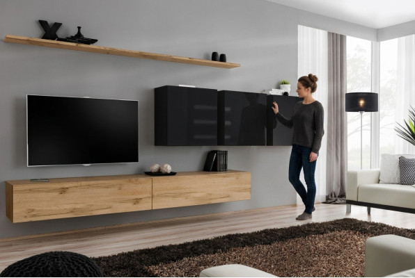 Diseño de pared de estar marrón, aparador, soporte para TV, armario de pared, muebles de salón completos.