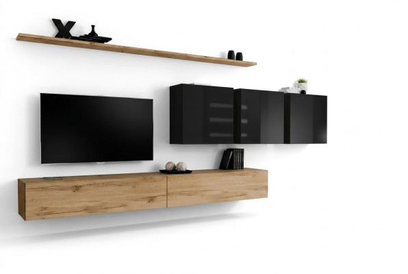 Diseño de pared de estar marrón, aparador, soporte para TV, armario de pared, muebles de salón completos.