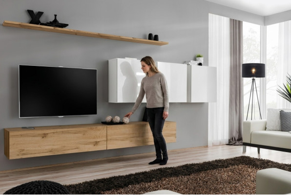 Conjunto completo de pared para salón moderno, mueble de TV, aparador, diseño de mobiliario, estantería de pared.