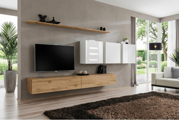 Conjunto completo de pared para salón moderno, mueble de TV, aparador, diseño de mobiliario, estantería de pared.