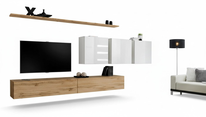 Conjunto completo de pared para salón moderno, mueble de TV, aparador, diseño de mobiliario, estantería de pared.