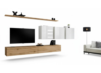 Conjunto completo de pared para salón moderno, mueble de TV, aparador, diseño de mobiliario, estantería de pared.