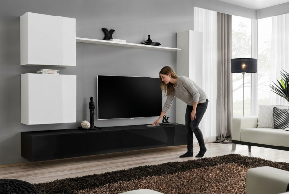 Diseño de pared de sala de estar, aparador de 3 cajones, soporte de TV, juego de 6 piezas. Muebles de madera en estilo de diseñador.