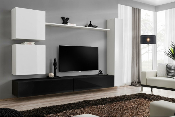 Diseño de pared de sala de estar, aparador de 3 cajones, soporte de TV, juego de 6 piezas. Muebles de madera en estilo de diseñador.