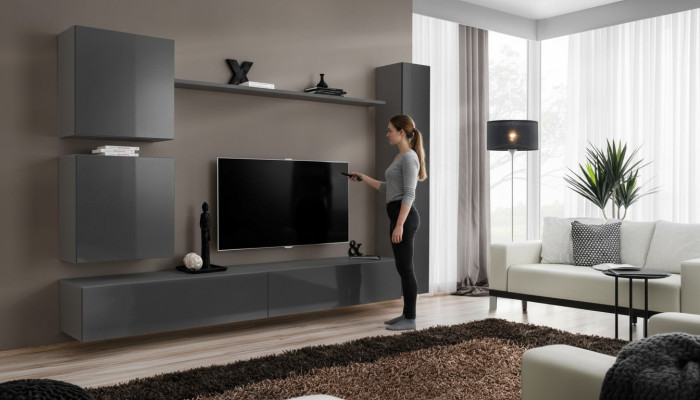 Muebles de diseñador para pared en gris, lujo en mobiliario, muebles de madera modernos.