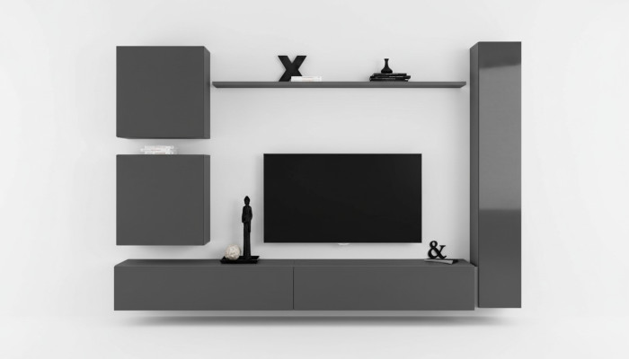 Muebles de diseñador para pared en gris, lujo en mobiliario, muebles de madera modernos.