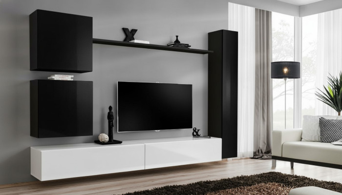 Muebles de madera de salón modernos en negro, mueble para TV y cómoda de decoración.