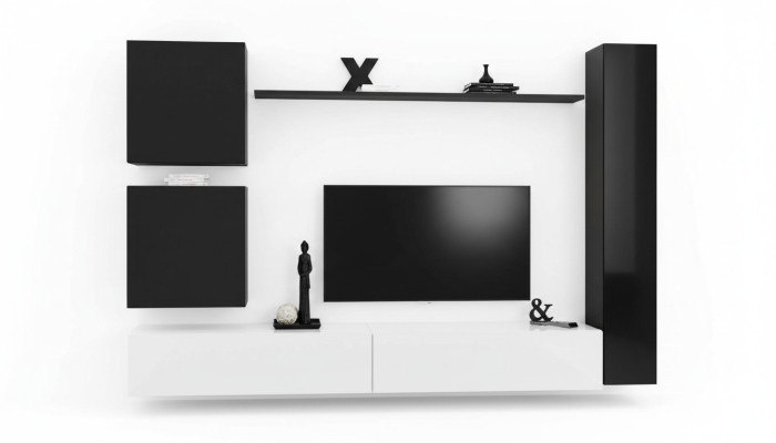 Muebles de madera de salón modernos en negro, mueble para TV y cómoda de decoración.