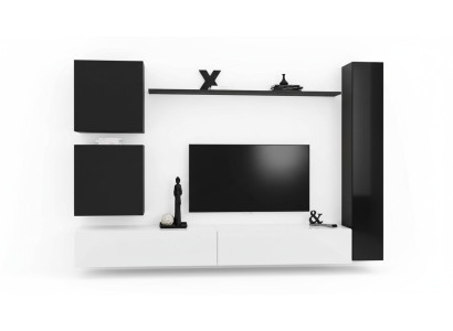 Muebles de madera de salón modernos en negro, mueble para TV y cómoda de decoración.