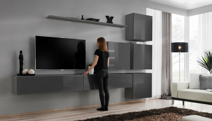 Gris, moderno conjunto de pared para la sala de estar, diseño de mueble de TV de lujo, aparador, armario, nuevo.