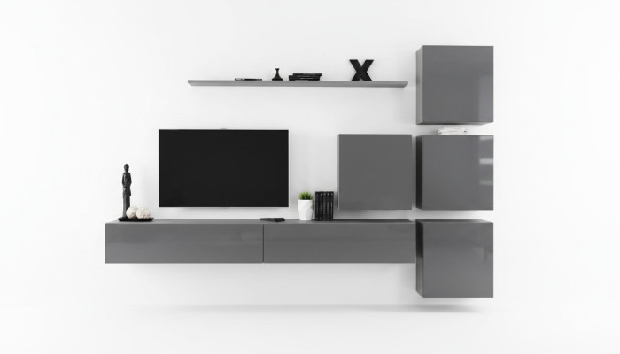 Gris, moderno conjunto de pared para la sala de estar, diseño de mueble de TV de lujo, aparador, armario, nuevo.