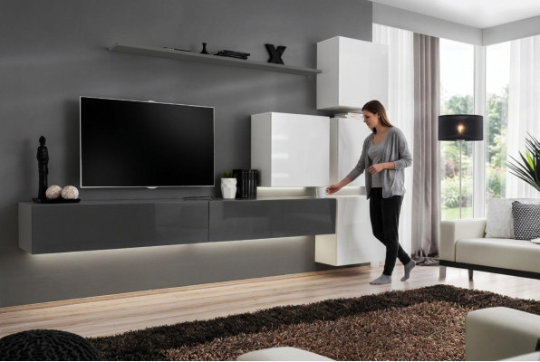 Estante de pared gris, soporte de TV, lujo completo, estilo moderno, sala de estar nueva decoración.