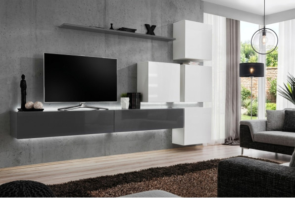 Estante de pared gris, soporte de TV, lujo completo, estilo moderno, sala de estar nueva decoración.