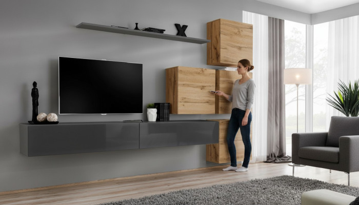 Soporte de TV gris, estante de pared, lujo, muebles modernos, cómoda completa.