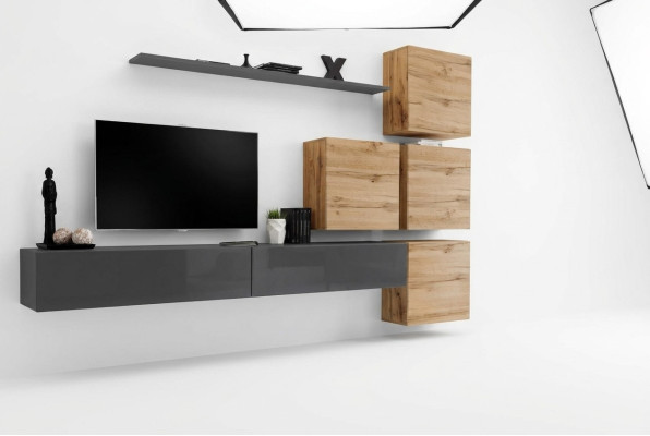 Soporte de TV gris, estante de pared, lujo, muebles modernos, cómoda completa.