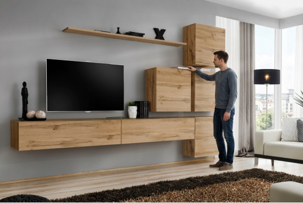 Conjunto marrón de 7 piezas, soporte de TV completo, estante de pared, diseño moderno.