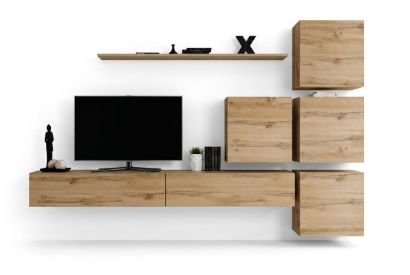 Conjunto marrón de 7 piezas, soporte de TV completo, estante de pared, diseño moderno.