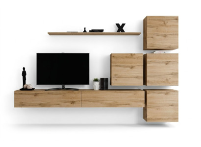 Conjunto marrón de 7 piezas, soporte de TV completo, estante de pared, diseño moderno.