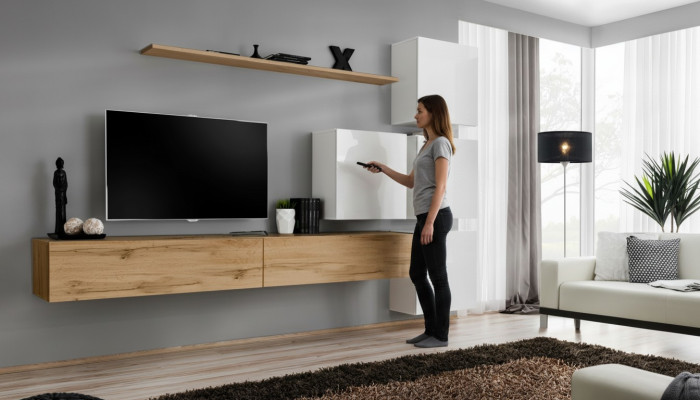 Conjunto de salón marrón de madera moderno, mueble de lujo completo con pared.