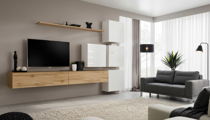 Conjunto de salón marrón de madera moderno, mueble de lujo completo con pared.