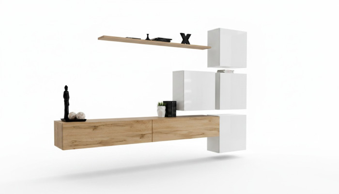 Conjunto de salón marrón de madera moderno, mueble de lujo completo con pared.