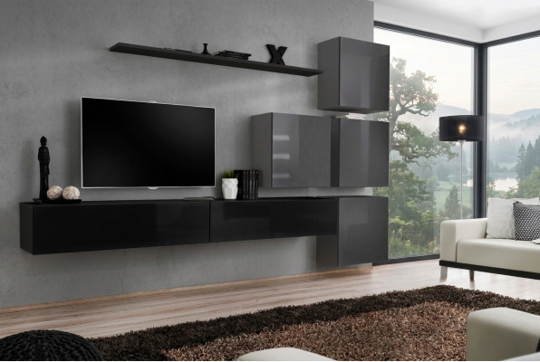 Diseño de sala de estar con gabinete de pared completo, armario de lujo, conjunto de muebles.