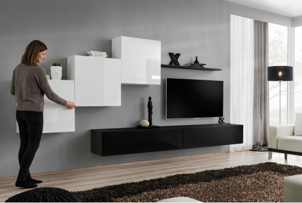 Mueble de salón completo en negro con soporte para TV, estantería de pared, armario de pared de lujo diseño.