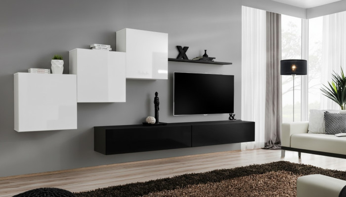 Mueble de salón completo en negro con soporte para TV, estantería de pared, armario de pared de lujo diseño.