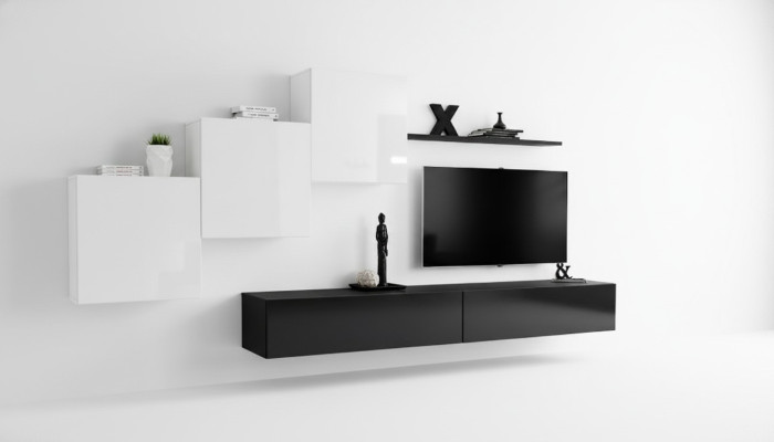 Mueble de salón completo en negro con soporte para TV, estantería de pared, armario de pared de lujo diseño.