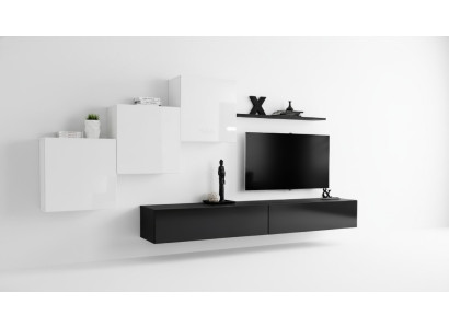 Mueble de salón completo en negro con soporte para TV, estantería de pared, armario de pared de lujo diseño.