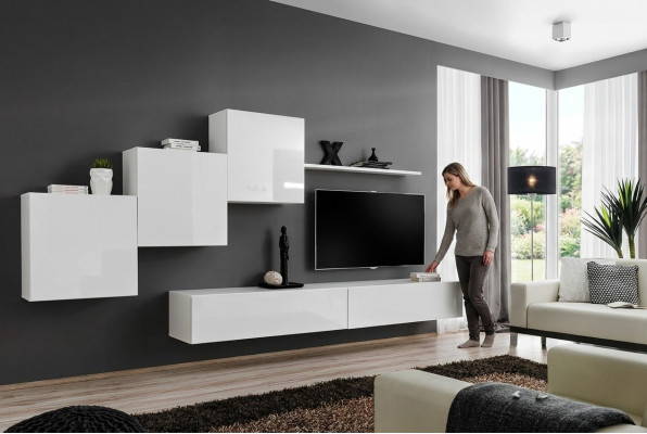 Mueble de salón blanco con soporte para TV, aparador y estantes modernos de madera para sala de estar. Nueva.