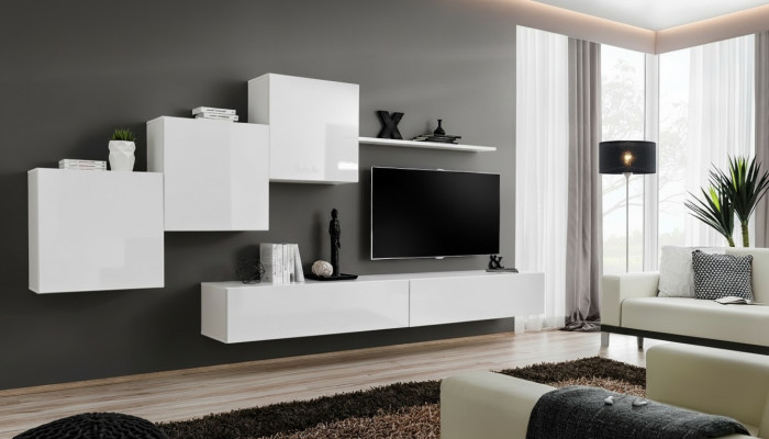 Mueble de salón blanco con soporte para TV, aparador y estantes modernos de madera para sala de estar. Nueva.