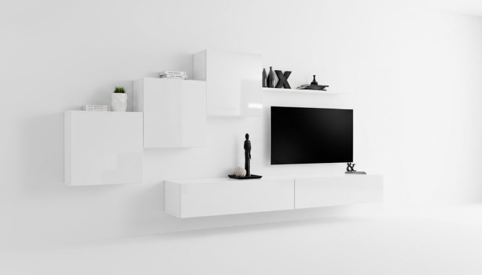 Mueble de salón blanco con soporte para TV, aparador y estantes modernos de madera para sala de estar. Nueva.