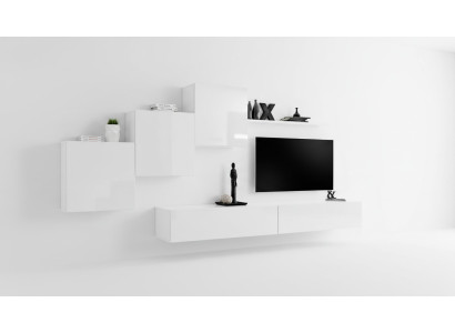 Mueble de salón blanco con soporte para TV, aparador y estantes modernos de madera para sala de estar. Nueva.