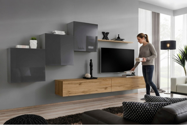 Lujo blanco, moderno, de diseñador, mueble de salón, aparador, soporte de televisión, marrón, sala de estar.