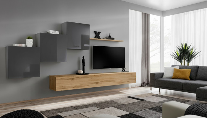 Lujo blanco, moderno, de diseñador, mueble de salón, aparador, soporte de televisión, marrón, sala de estar.